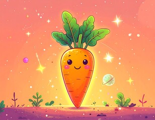 Animated carrot illustration with smiling face and glowing background