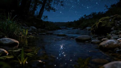 Obraz premium Tranquil Forest Creek at Night with Starry Sky Reflections and Moonlight Through Branches