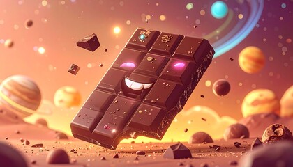 Animated chocolate bar in space with planets and stars illustration