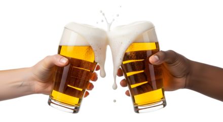 Two hands, one lightskinned and one darkskinned, clinking glasses of beer with foam splashing, isolated on transparent background
