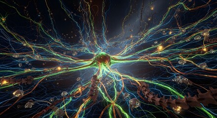 Abstract representation of neural network connections and brain synapses communicating information