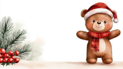 Cute Bear in Christmas theme watercolor style. Festive bear cub illustration holiday season hand painted artistic xmas spirit joyous adorable animal winter celebration charming