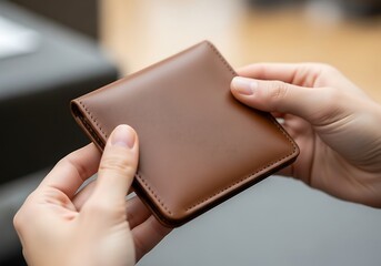 Hands showcasing a sophisticated, brown leather wallet close-up indoors