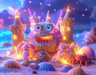Animated crab with sandcastle on the beach under a sparkling night sky