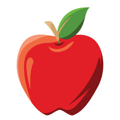 Vector illustration of a ripe red apple with green leaf and stem, glossy highlights, and smooth surface, isolated on white background. Flat design perfect for food graphics.