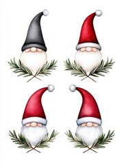 Cute Christmas gnomes set isolated on white background. Funny cartoon characters. Watercolor hand painted illustrations. New Year holiday design for cards invitations scrapbooking.
