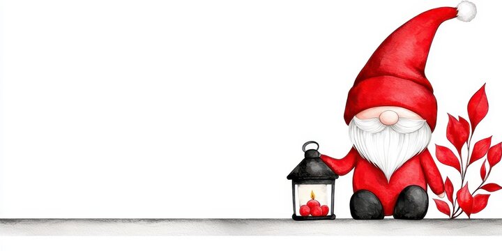 Cute christmas hand drawn gnome with lantern. Festive holiday illustration whimsical winter holding glowing light perfect decoration element charming seasonal graphic ideal