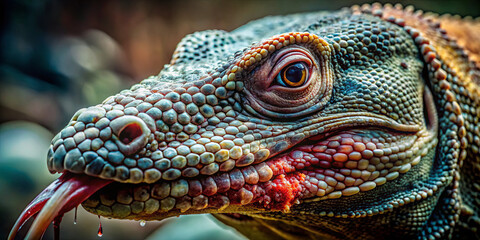 Obraz premium The lizard displays intricate scales and vivid colors while sitting on a rock in a lively tropical setting. Sunlight illuminates the scene, highlighting its unique features