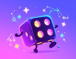 Animated dice character with glowing stars and constellations illustration