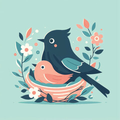 Two Birds Nestling Together in a Cozy Nest Surrounded by Flowers.