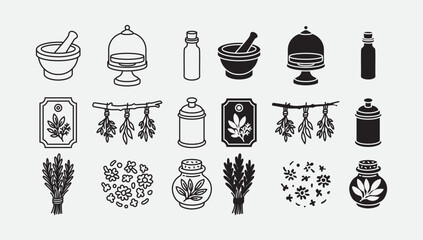 botanical healing and aromatherapy icon with herbal set and apothecary tools. remedy apothecary pack with outline and solid herbal element. herbs, apothecary, mortar, potion bottle, storage box