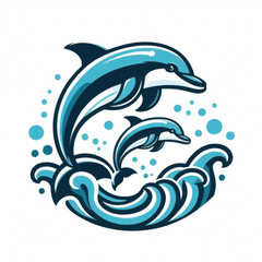 Two Dolphins Jumping Through Waves.