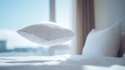 Floating white pillow above a neatly made bed in a bright room
