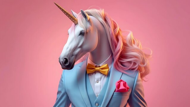 Majestic unicorn in pastel blue suit with yellow bow tie and black glasses, colorful mane, surreal and funny meme style, fantasy fashion photoshoot on pink background, whimsical and elegant vibe