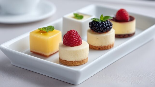 micro wedding planning Delightful mini desserts arranged neatly on a plate with fresh berries and mint leaves.