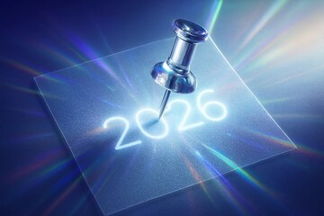 Silver push pin securing a translucent sheet with glowing 2026 on a blue iridescent surface