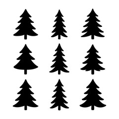 Vector nine black christmas tree silhouettes arranged in a three by three grid pattern on transparent background