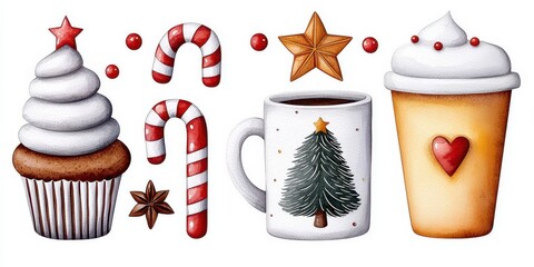Cute winter objects set hand drawn in watercolor isolated on white background illustration. Christmas tree cup of hot coffee gingerbread cookies cupcake candycane decorations