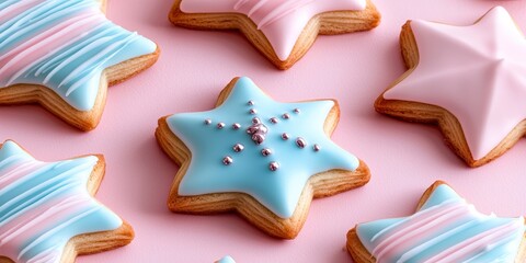 Decorative star shaped cookies with colorful icing. pattern. Festive star cookie adornment vibrant sugar glaze endless backdrop culinary design sweet treat holiday baking