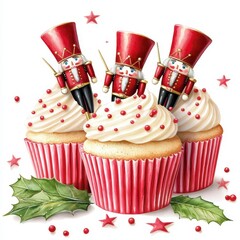 delicious christmas muffins with nutcracker figures for the holidays watercolour clipart. Festive xmas cupcake adorned by nutcracker image hand painted digital art for yuletide season
