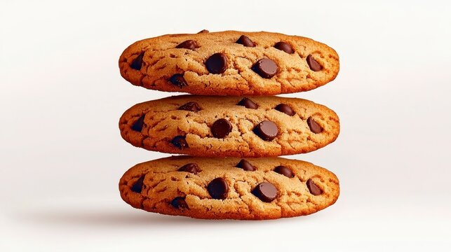 Delicious chocolate chip cookies stacked in various heights on a clean background. Freshly baked treat pyramid delightful cocoa morsel biscuit arrangement culinary photography sweet