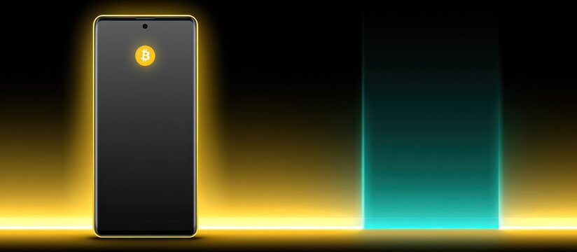 A phone with Bitcoin symbol glows against a neon gold and teal backdrop. Dark tones and highlights