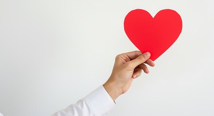 Hand holding a red paper heart against a white background image