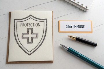 Shield symbol illustration on notebook emphasizing protection and immunity