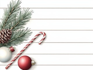 Elegant Christmas border with pine ornaments and candy canes. Festive xmas frame evergreen branch bauble peppermint stick. holiday season decoration joyful winter celebration element.