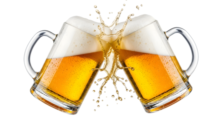Two frosty beer mugs clinking together with a splash of beer isolated on transparent background