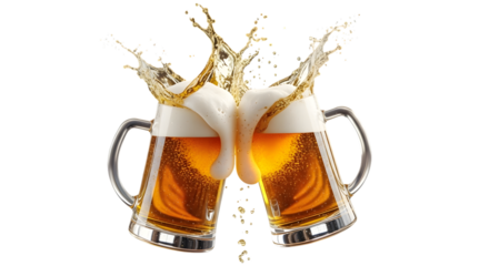 Two beer mugs clinking together with a splash of beer and foam, isolated on transparent background