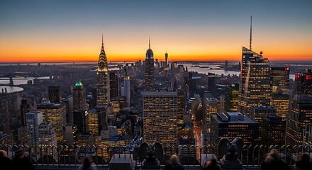 Panoramic view of the illuminated New York City skyline at dusk