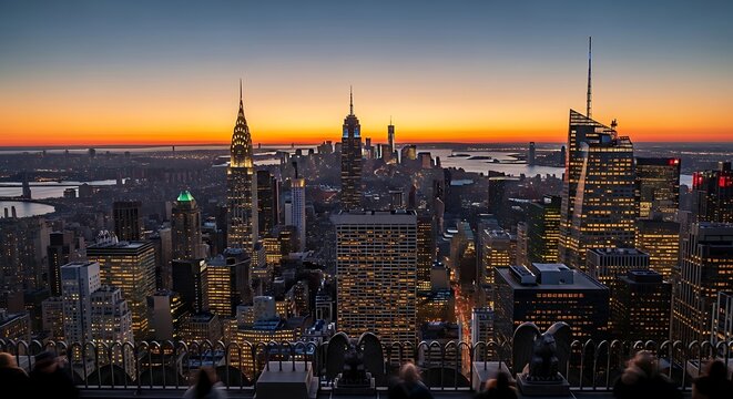 Panoramic view of the illuminated New York City skyline at dusk