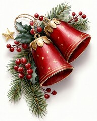 Festive christmas bell ornament holiday decor watercolor art cozy atmosphere close up view celebratory concept. Bright xmas chime decoration season cheer artistic impression warm scene