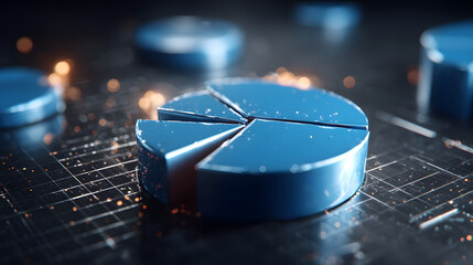 3D pie chart with blue segments on digital grid background, representing data visualization and analytics. glowing effect adds modern touch, enhancing visual appeal of statistical information