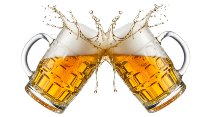 Two frosty beer mugs clinking together with a splash of beer, isolated on transparent background