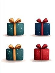 Festive Christmas Gifts in Complementary Colors Flat Design Holiday Presents with Watercolor Elements in Side View. Unique xmas present idea artistic celebration offering matching tone