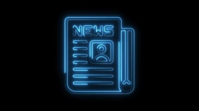 Glowing neon newspaper icon animation on black background for news media