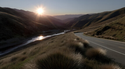 Serene golden hour sunrise over rolling hill landscape