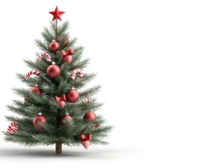Festive Christmas tree adorned with red ornaments candy canes and a star on a white isolated background. Holiday evergreen plant decorated by bauble sugary stick and celestial