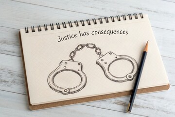 Sketch of handcuffs and a quote on a notepad about justice
