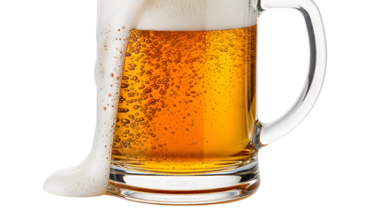 A refreshing glass mug of golden beer with frothy foam spilling over the side, isolated on transparent background