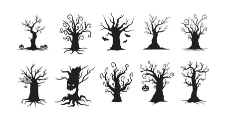 Halloween hand drawn spooky tree doodle silhouette set. Creepy trees 