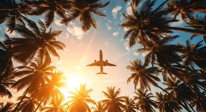 An airplane flies overhead through a canopy of palm trees during a vibrant sunset, signaling a tropical vacation vacation background