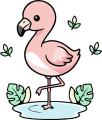 Cute Baby Flamingo Cartoon Vector Illustration – Adorable Pink Flamingo Standing in Pond with Tropical Leaves