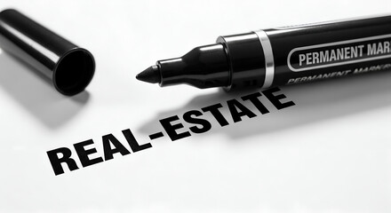 Fototapeta premium The Permanence of Real Estate Investment. A black permanent marker lays next to the bold word 'Real-Estate' on white paper. Monochrome business concept.