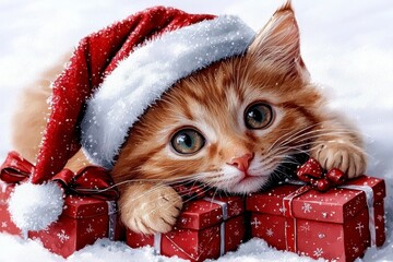 Festive Kitten with Christmas Gifts Illustration Adorable ginger kitten wearing Santa hat resting on presents. Symbolizing Christmas cheer holiday spirit feline cuteness gift giving