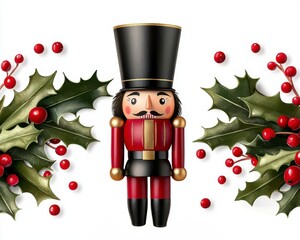 festive nutcracker decoration captures christmas spirit surrounded holly charming watercolor background traditional setting every. Holiday nutcracker ornament evokes yuletide cheer
