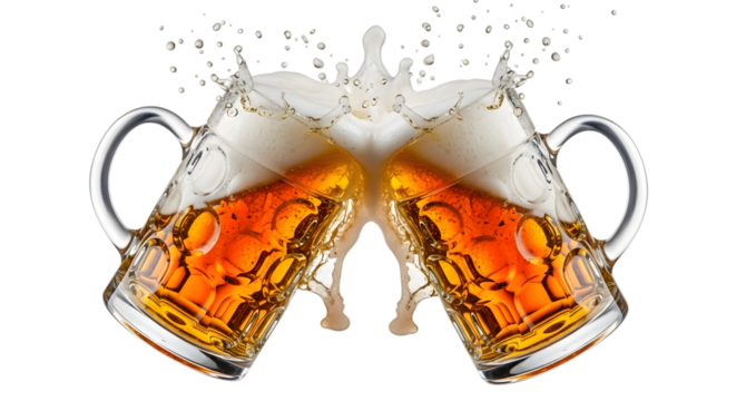 Two beer mugs clinking together with a splash of beer and foam, isolated on transparent background - Powered by Adobe