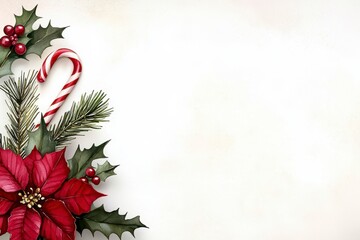 Festive watercolor Christmas border with poinsettia candy canes holly and pine. Seasonal painted xmas frame botanical foliage striped treat sharp leaf evergreen branch winter